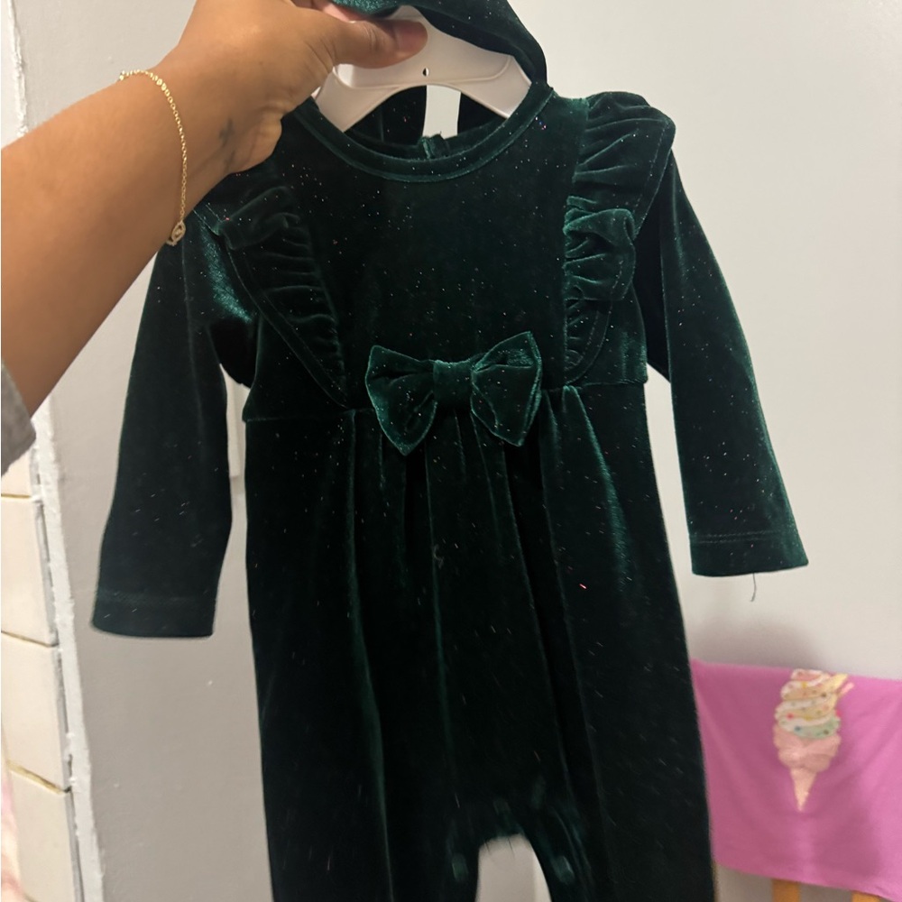 Velvet Green Baby Romper with Bow
